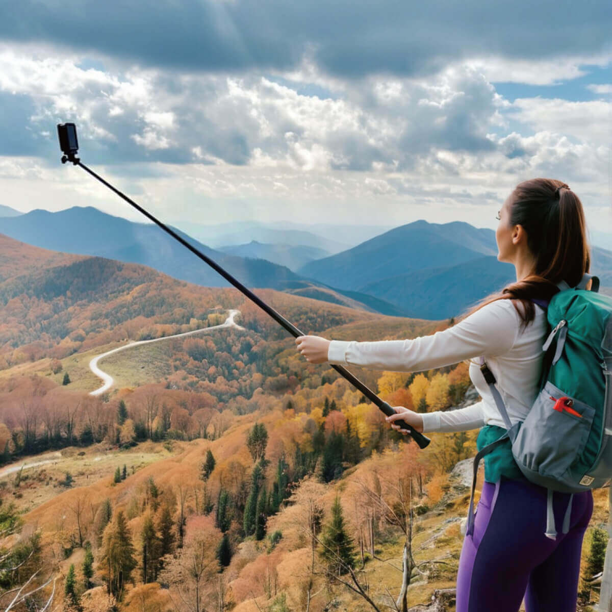 A woman using an Advanced Selfie Stick to capture a photo of stunning mountain scenery.