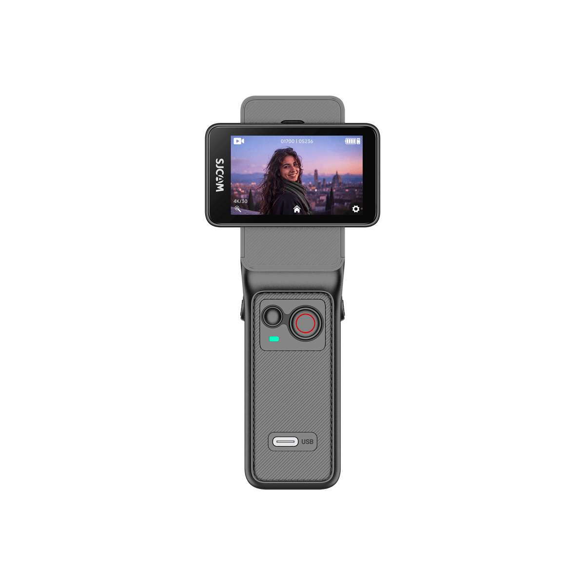 C400 Pro Action Camera showcasing a large sensor and viewer screen for vlogging and high-quality video recording.