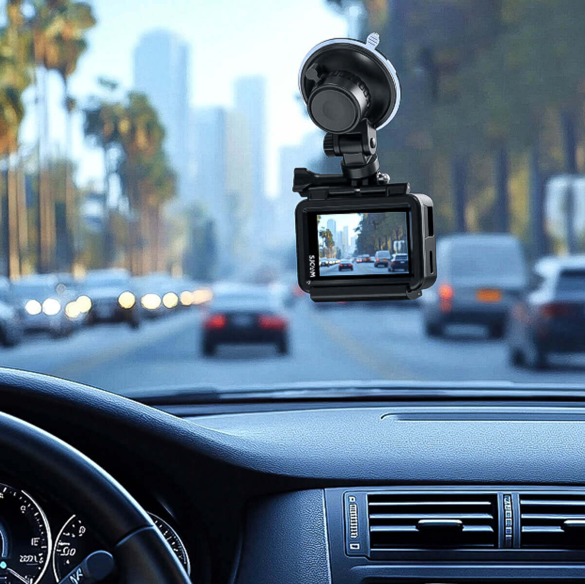 Car Charger with a Suction Cup mounted on a car dashboard