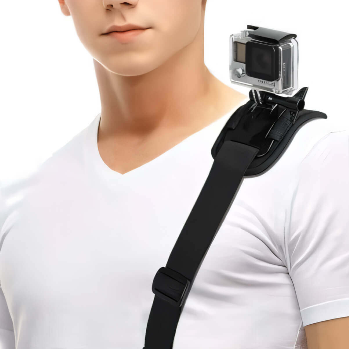 Man wearing a Shoulder Strap for a camera, showcasing its adjustable design and practical use for filming.