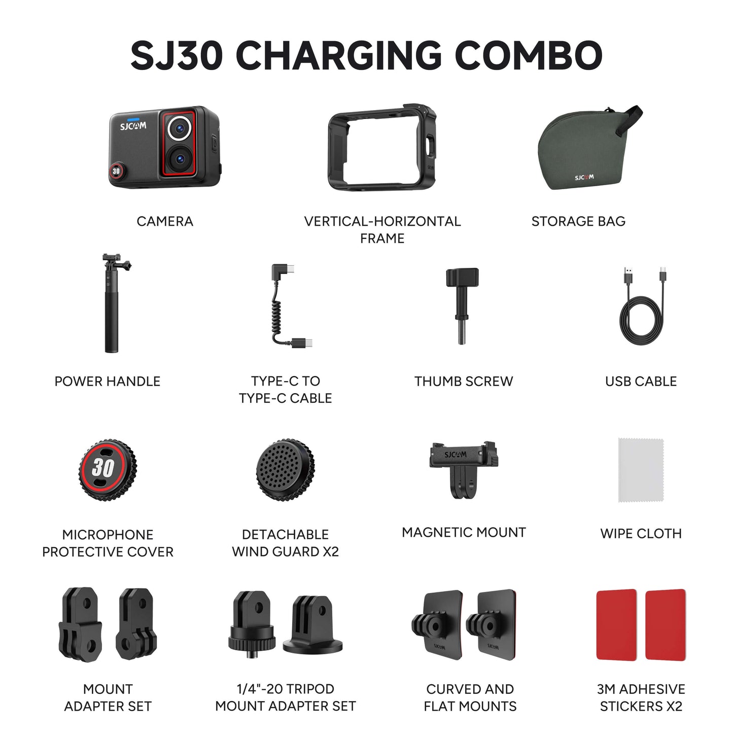 SJ30 8K Dual-lens Action Camera components including camera, storage bag, USB cable, and accessories.