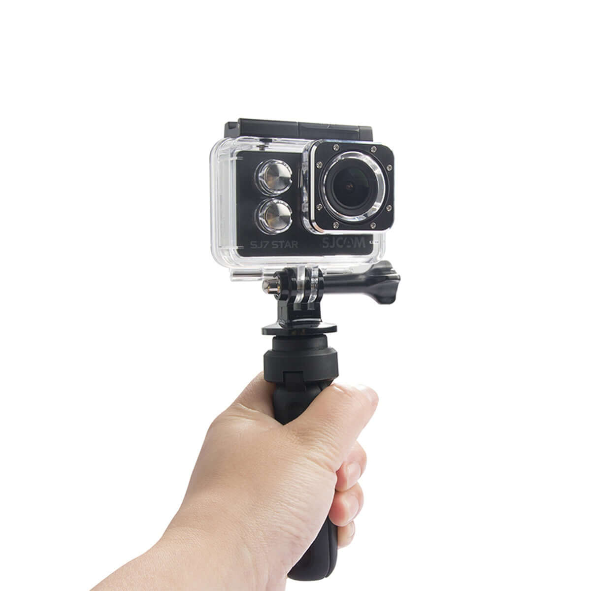 Hand holding a small camera mounted on a tripod, showcasing the Small Camera Tripod for photography.