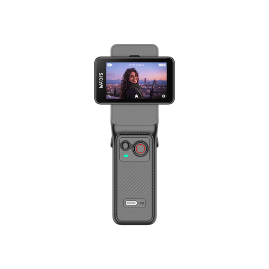 C400 Pro Action Camera showcasing a large sensor and viewer screen for vlogging and high-quality video recording.