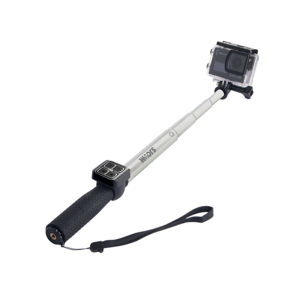Remote Selfie Stick extended with a camera attached, featuring adjustable length and ergonomic grip.