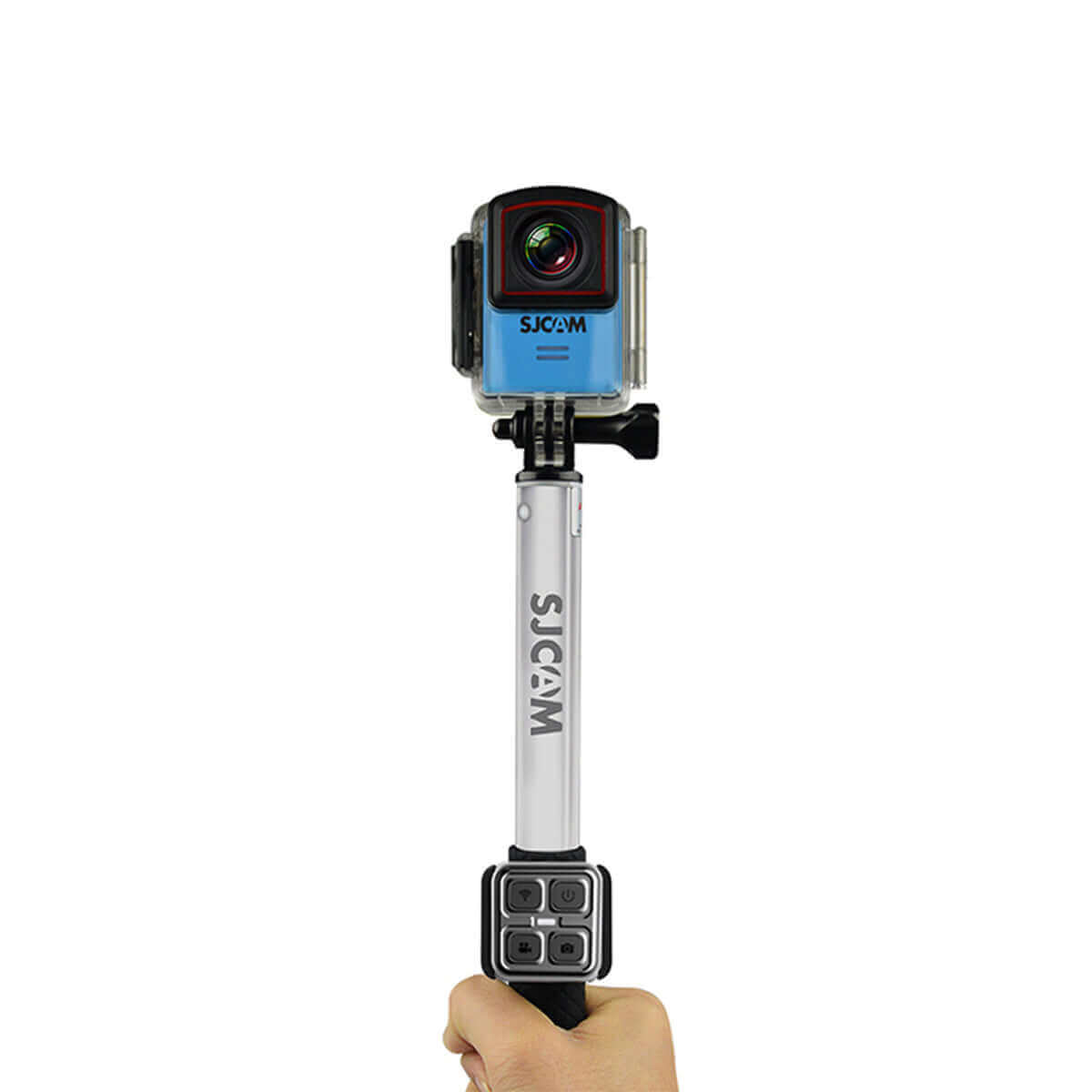 Remote Selfie Stick holding a SJCAM camera, adjustable length and waterproof design.